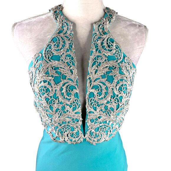 La Femme Embroidered-Bodice Prom Evening Gown Turquoise 6 Beaded - Picture 12 of 15